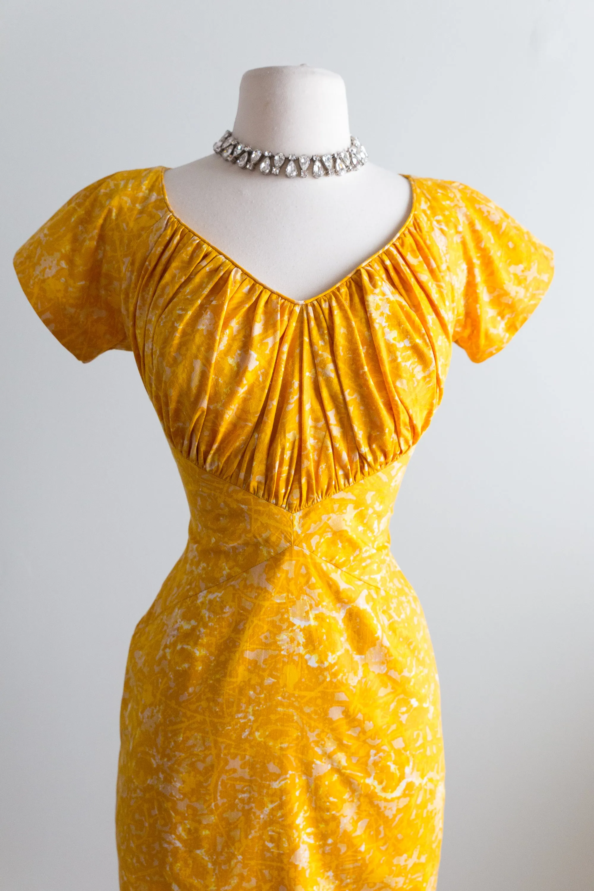 1950's Designer Don Loper Marigold Cotton Wiggle Dress / Waist 27