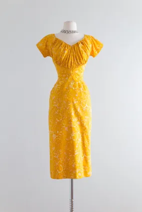 1950's Designer Don Loper Marigold Cotton Wiggle Dress / Waist 27