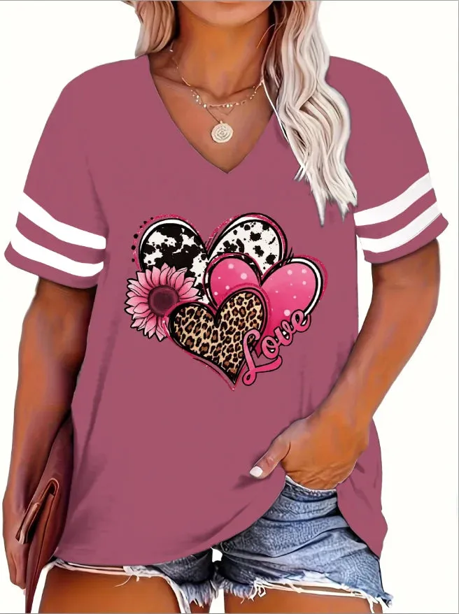 2024 Plus Size Spring/Summer New Love Print Casual Fashion Women's V-Neck Short-Sleeved Loose T-Shirt 5XL  6XL