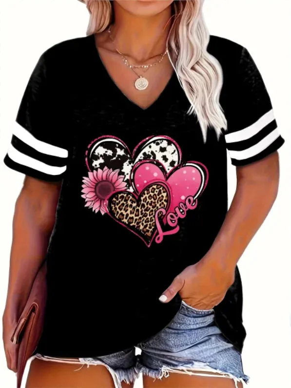 2024 Plus Size Spring/Summer New Love Print Casual Fashion Women's V-Neck Short-Sleeved Loose T-Shirt 5XL  6XL