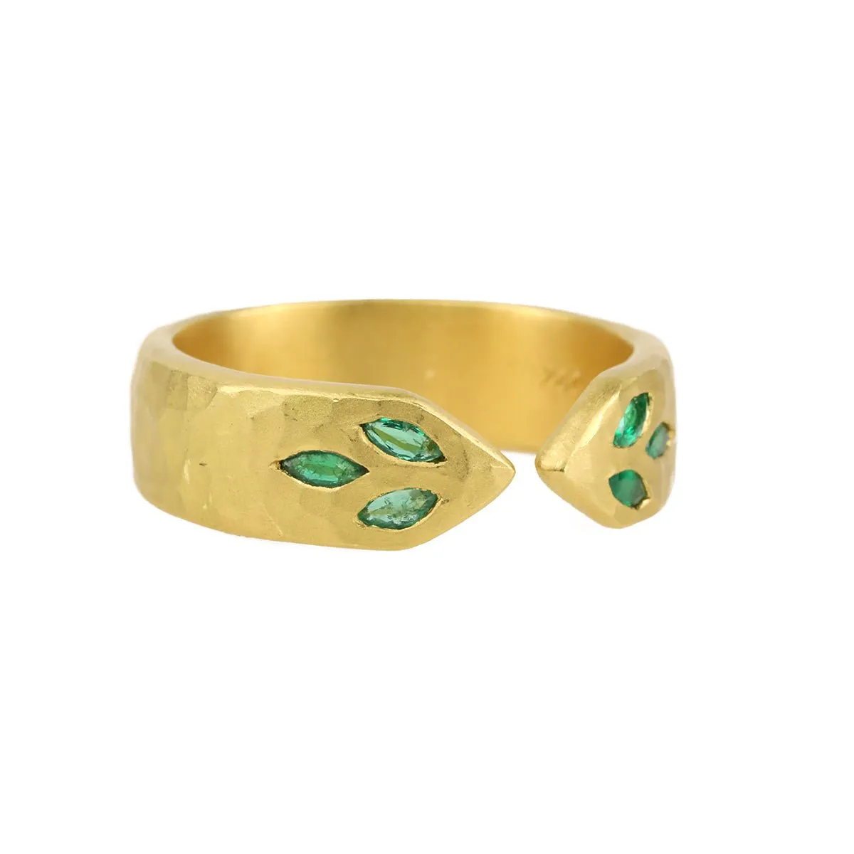 22K Gold Hammered Open Ring with Marquise Emerald Leaf Details