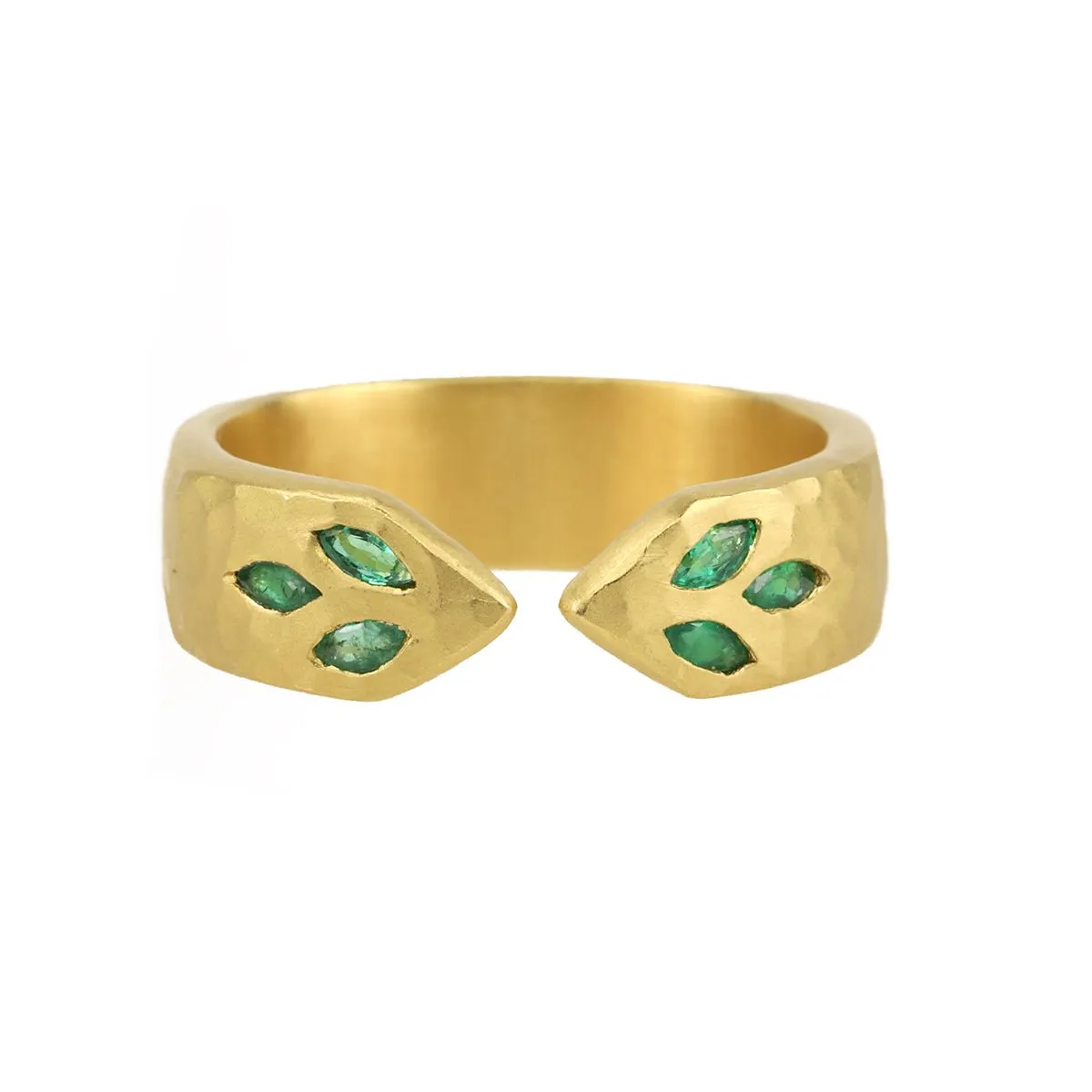 22K Gold Hammered Open Ring with Marquise Emerald Leaf Details