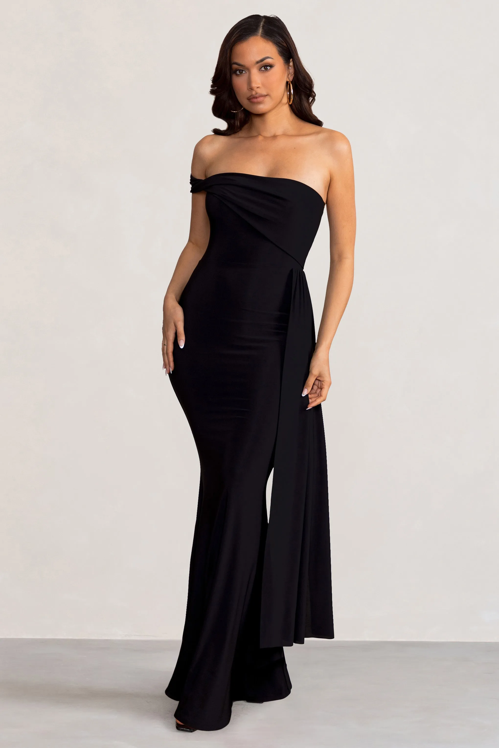 Aaliyah | Black Asymmetric Bardot Maxi Dress with Drape