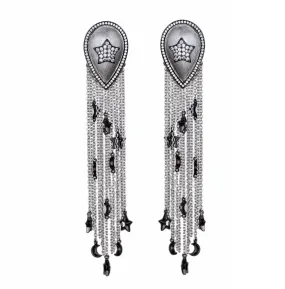 AMMANII Pavé Stars and Moons Drop Earrings with Tassels and Charms in Rhodium