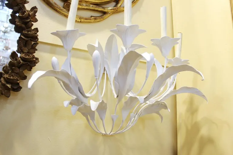 Art Nouveau Style Metal Floral Candelabra Sconces in White