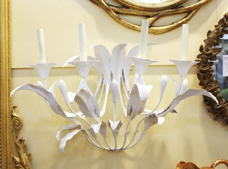 Art Nouveau Style Metal Floral Candelabra Sconces in White