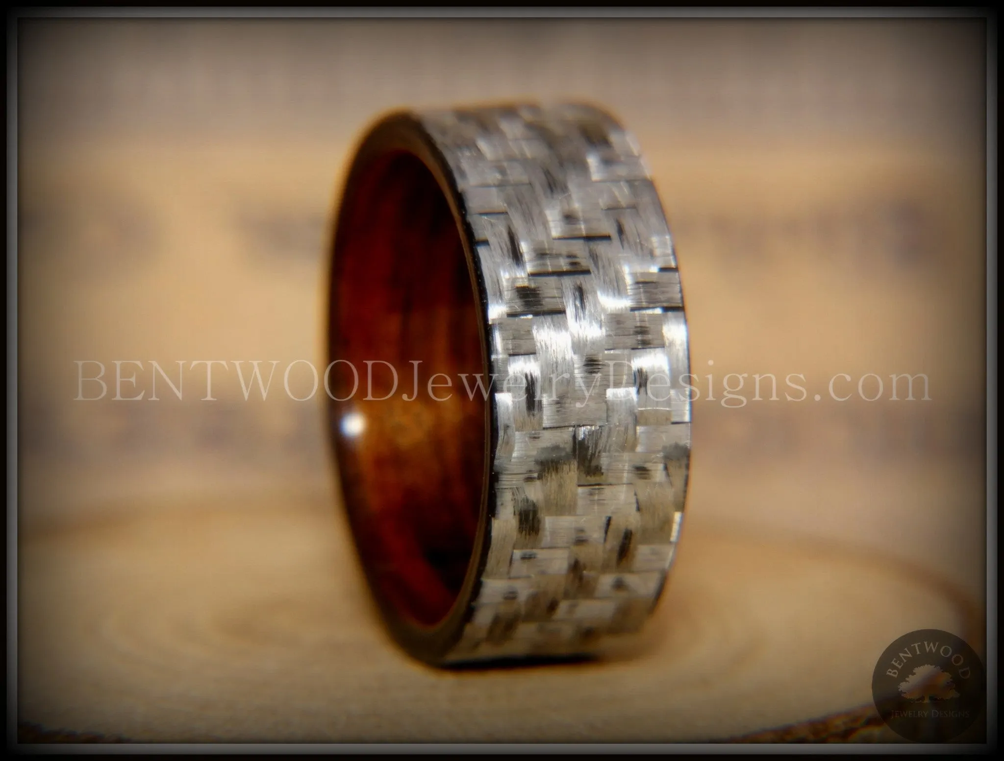 Bentwood Ring - Silver Twill Carbon Fiber on Rosewood Wood Comfort Fit Core