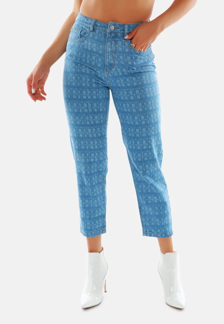 Blue Printed Mom Fit Blue Jeans Pants