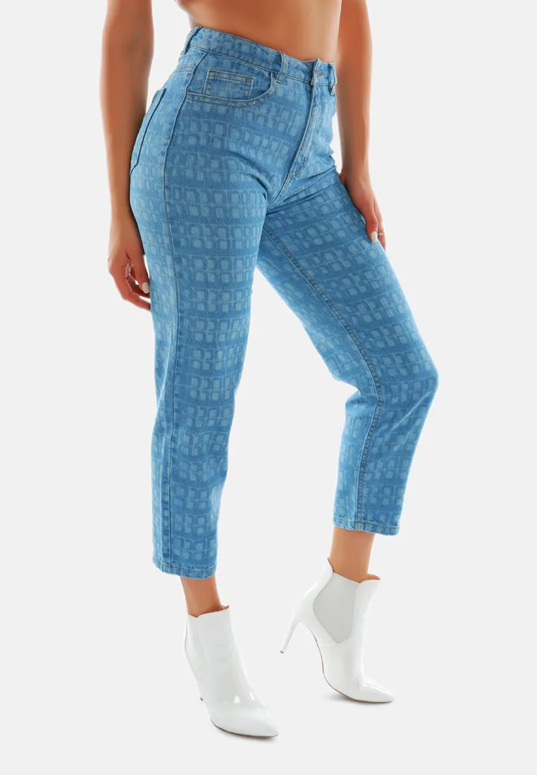 Blue Printed Mom Fit Blue Jeans Pants