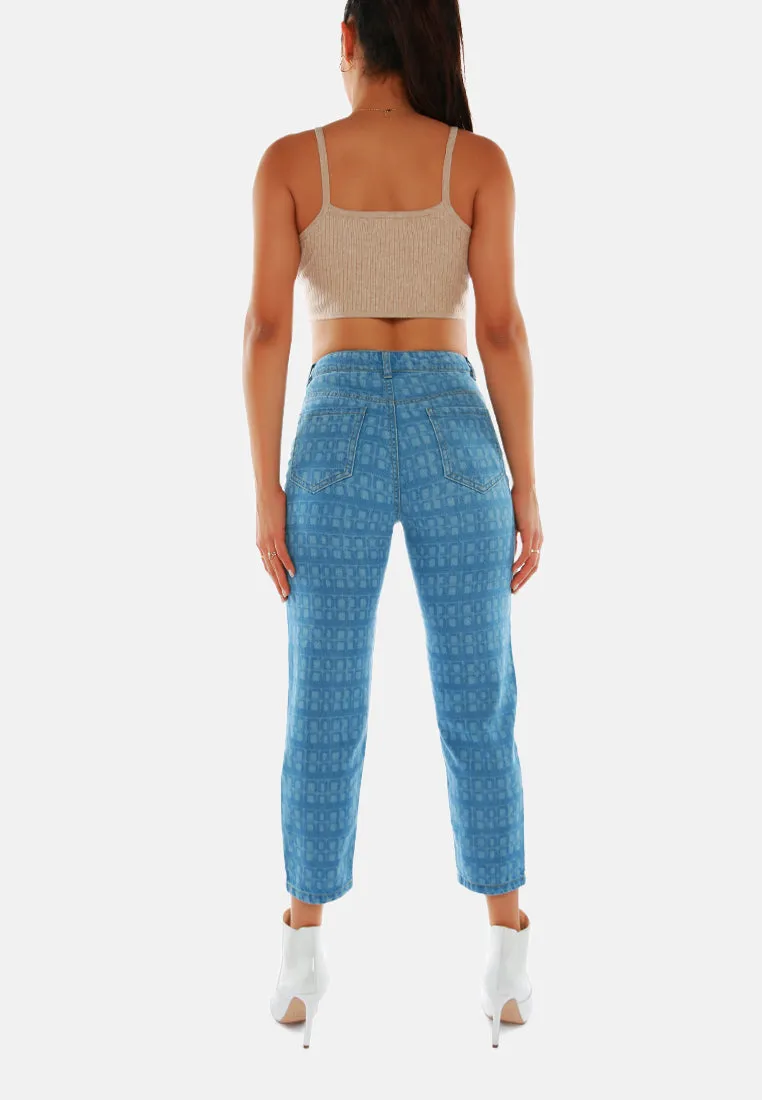 Blue Printed Mom Fit Blue Jeans Pants