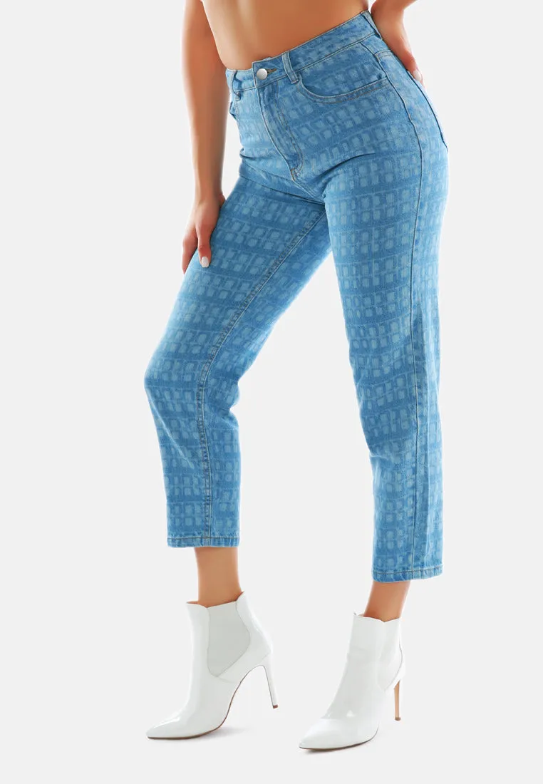 Blue Printed Mom Fit Blue Jeans Pants