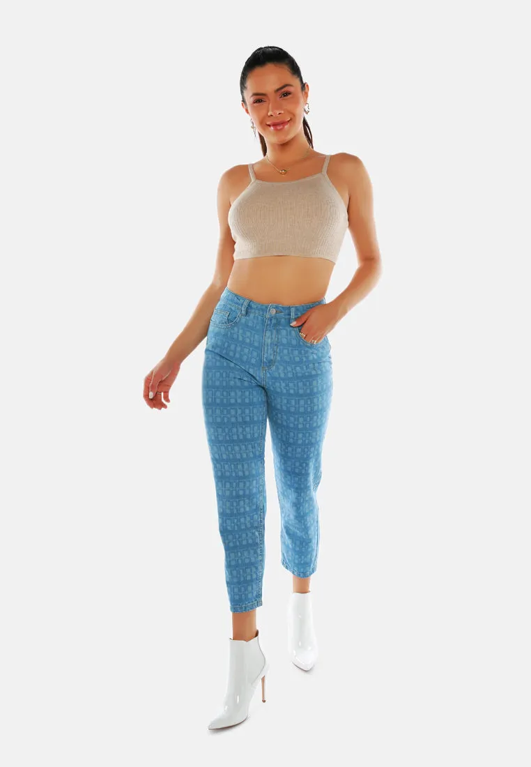 Blue Printed Mom Fit Blue Jeans Pants