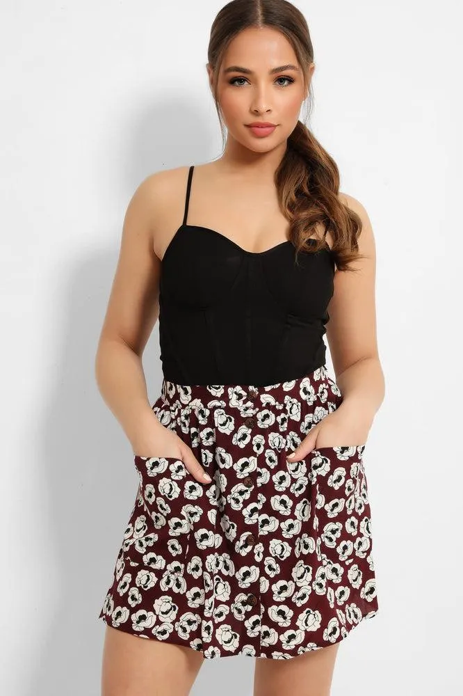 Burgundy Poppy Floral Print Pocketed Skirt