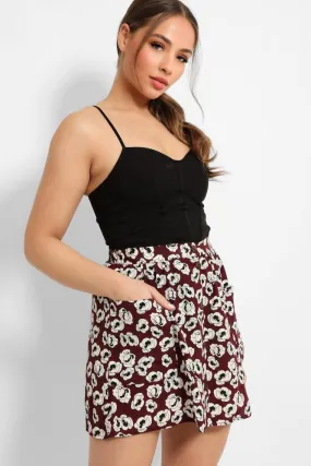 Burgundy Poppy Floral Print Pocketed Skirt