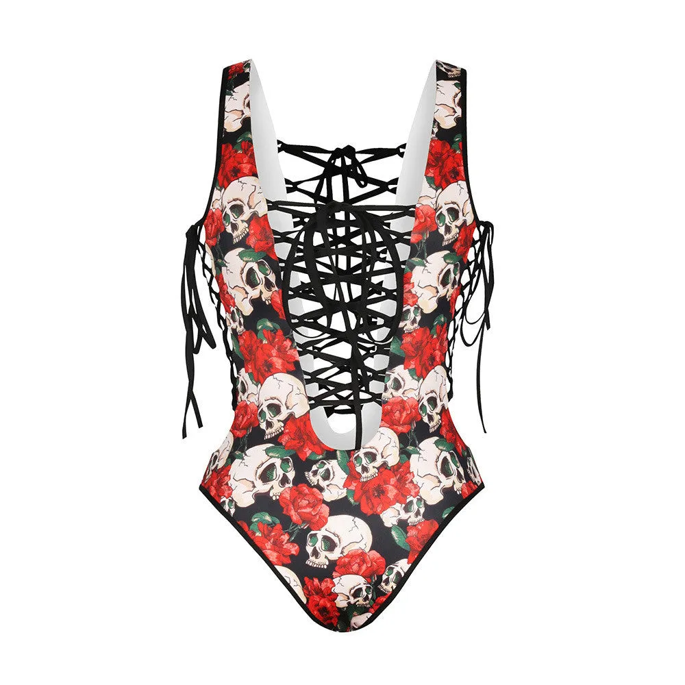 Floral And Skull Print Swimsuit