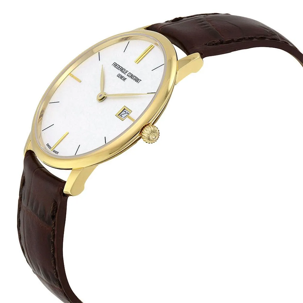 Frederique Constant Slimline Yellow Gold Plated Silver Dial Brown Leather Strap Date Quartz Mens Watch FC-220V5S5