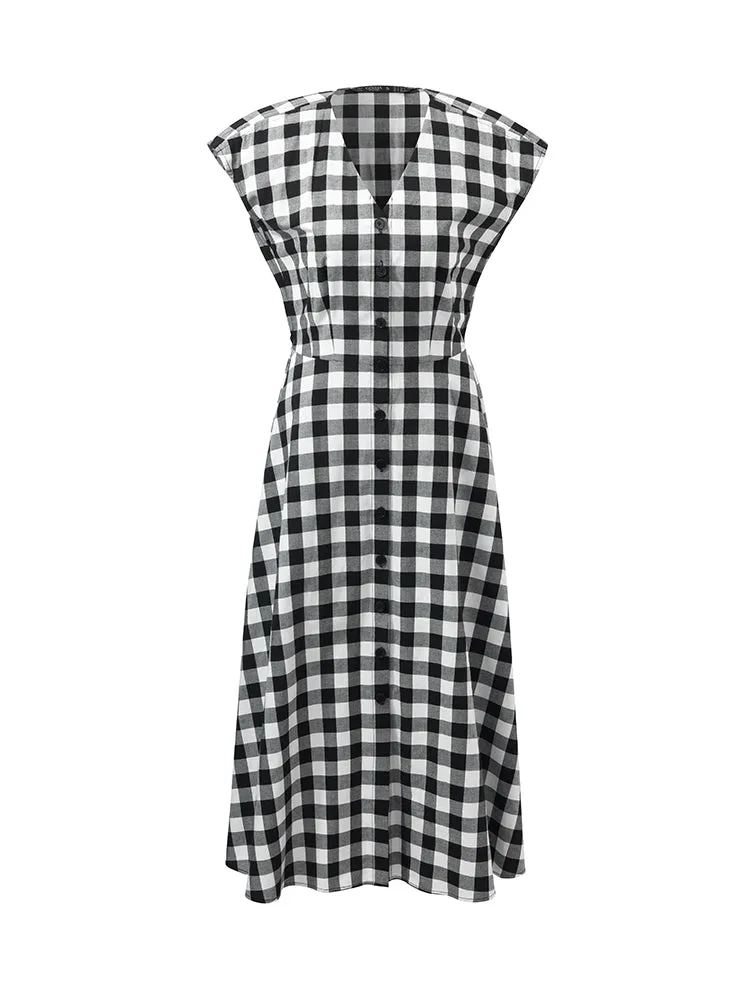 Gingham Single-Breasted Women Midi Dress