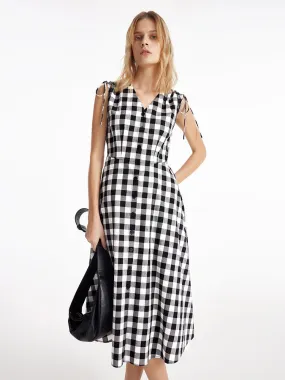 Gingham Single-Breasted Women Midi Dress