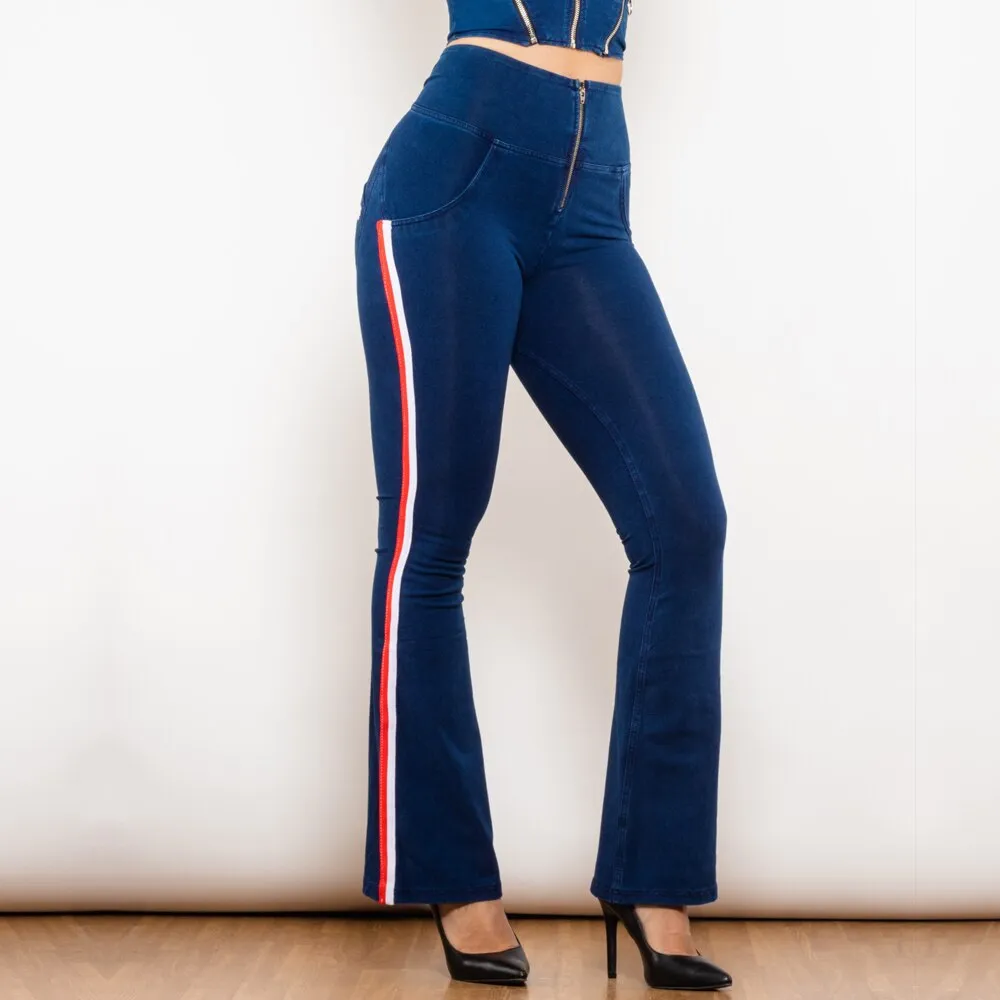 High Waist Dark Thread Dark Blue Flare Jeans with Stripe