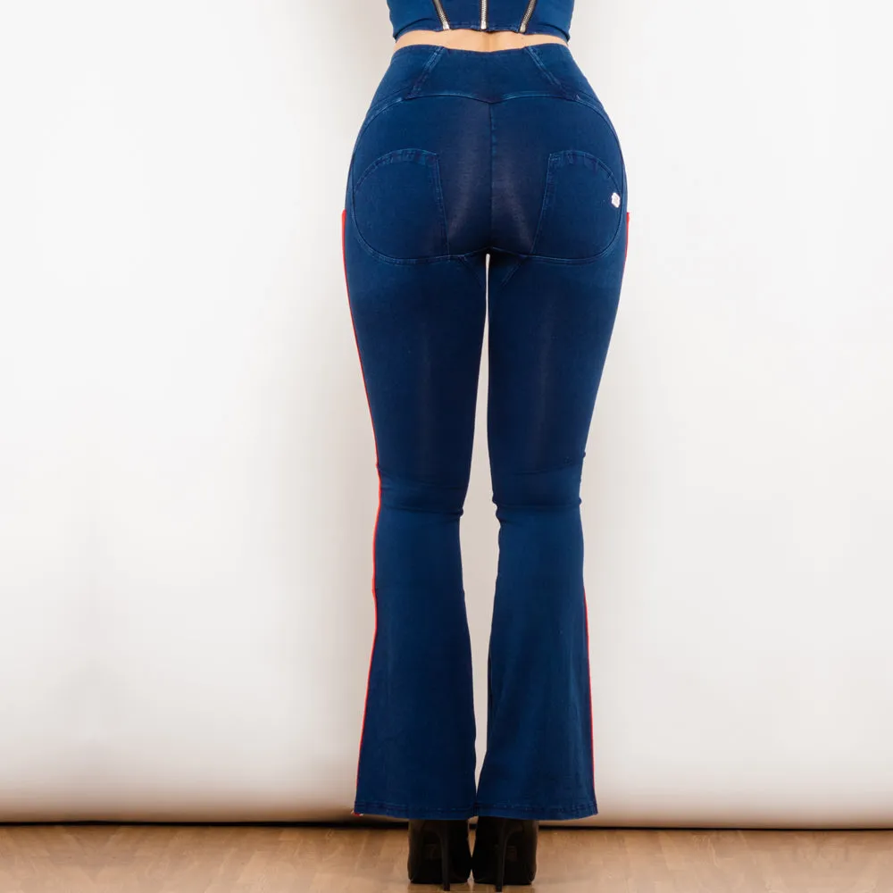 High Waist Dark Thread Dark Blue Flare Jeans with Stripe