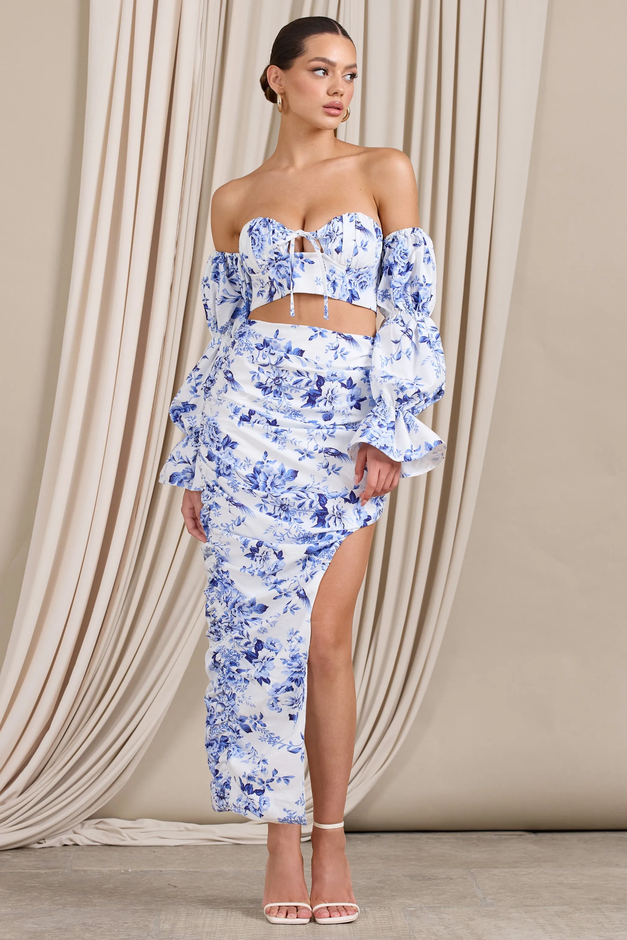 Holiday | Blue Floral Ruched Asymmetric Maxi Skirt