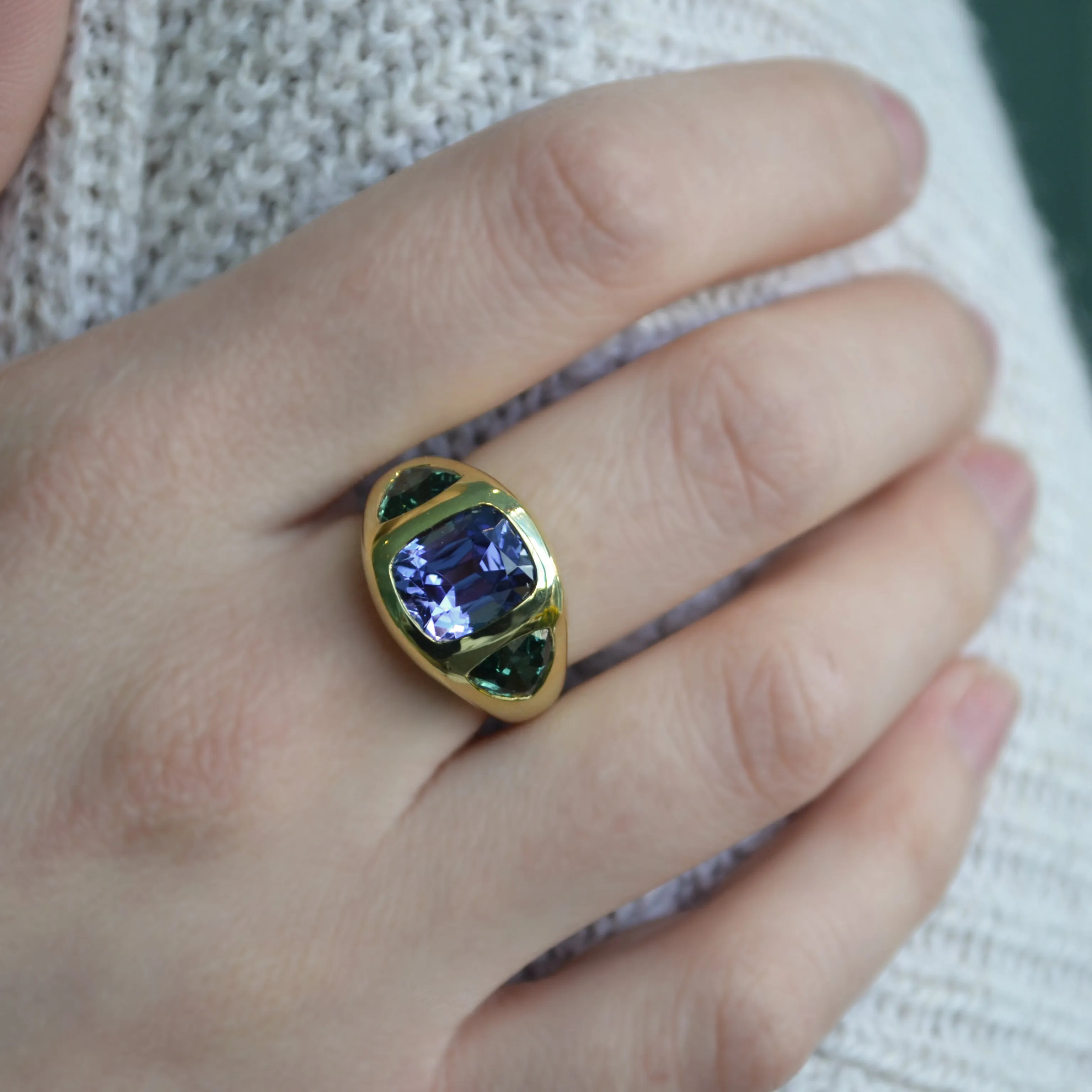 Lauren K - Gypsy Ring with Tanzanite and Green Tourmaline, 18k Yellow Gold