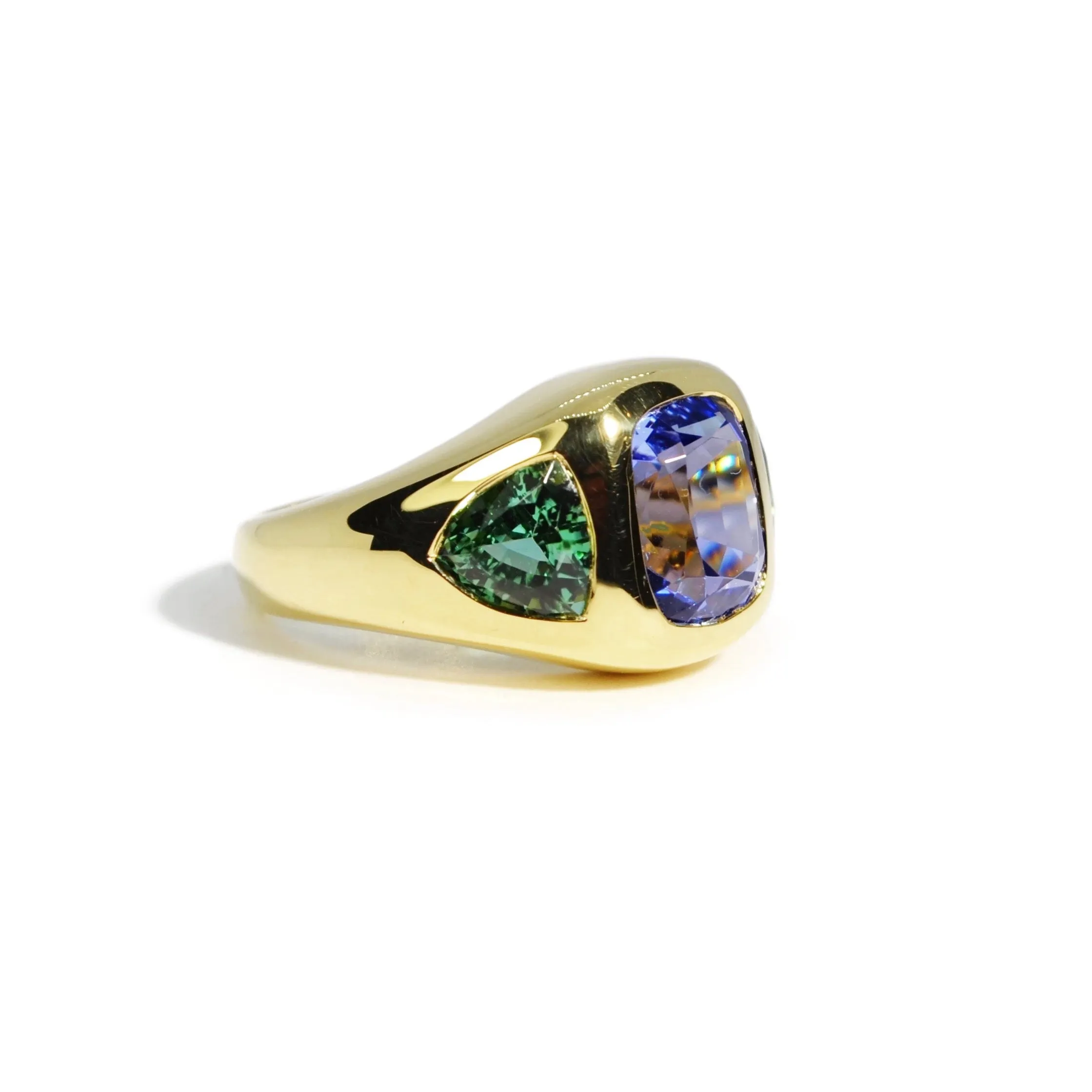 Lauren K - Gypsy Ring with Tanzanite and Green Tourmaline, 18k Yellow Gold