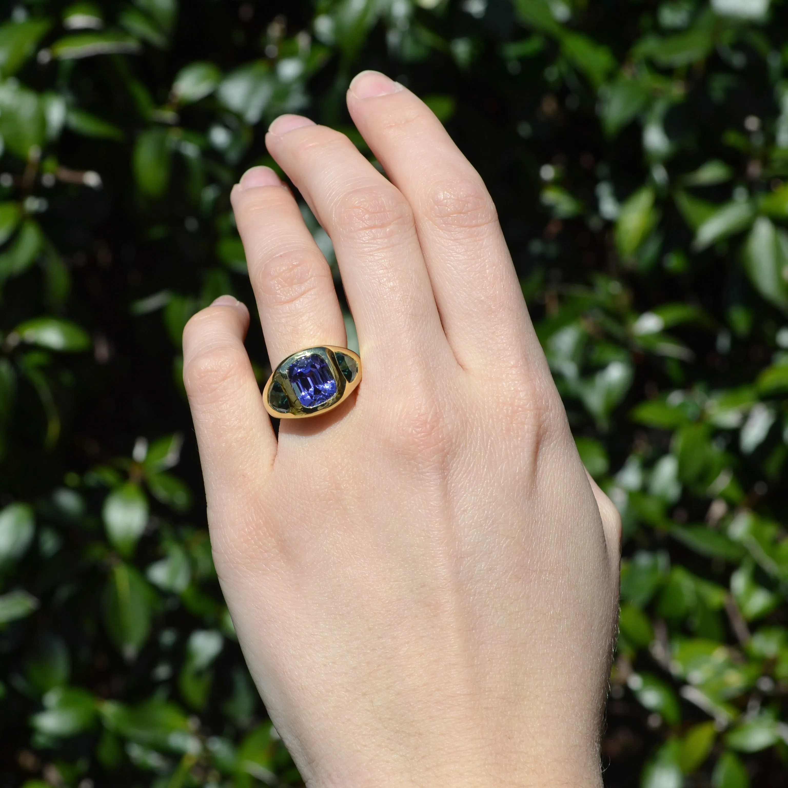 Lauren K - Gypsy Ring with Tanzanite and Green Tourmaline, 18k Yellow Gold