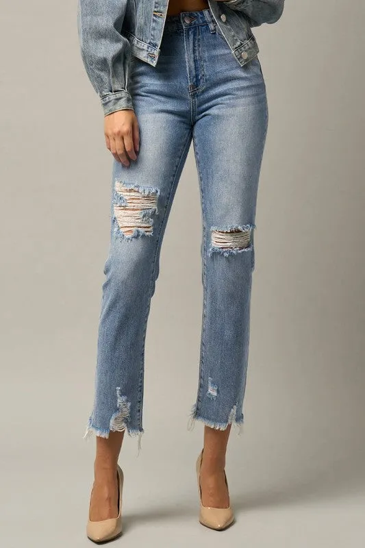 Maikin High Waist Distressed Fray Straight Jeans