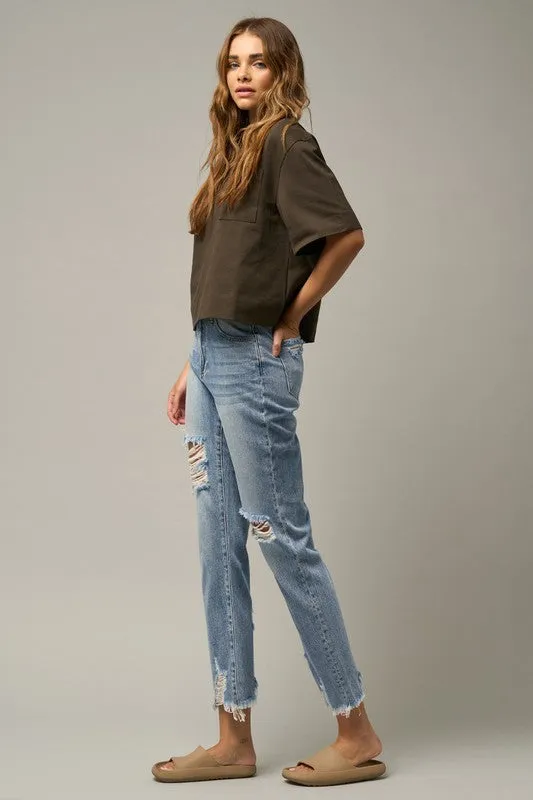 Maikin High Waist Distressed Fray Straight Jeans