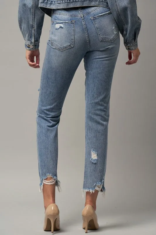 Maikin High Waist Distressed Fray Straight Jeans