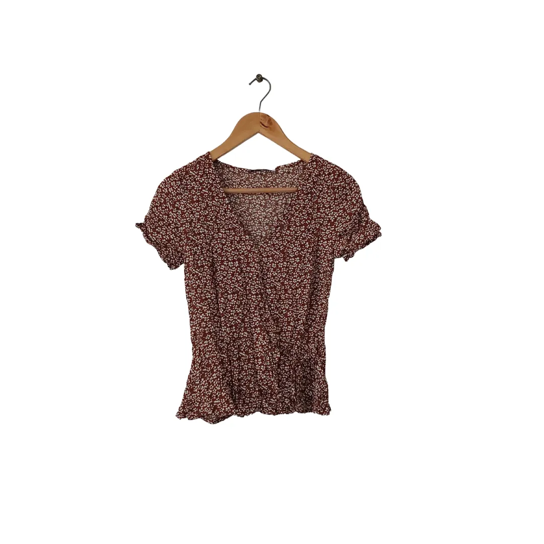 Mango Brown & White Floral Printed Cross-over Top | Like New |