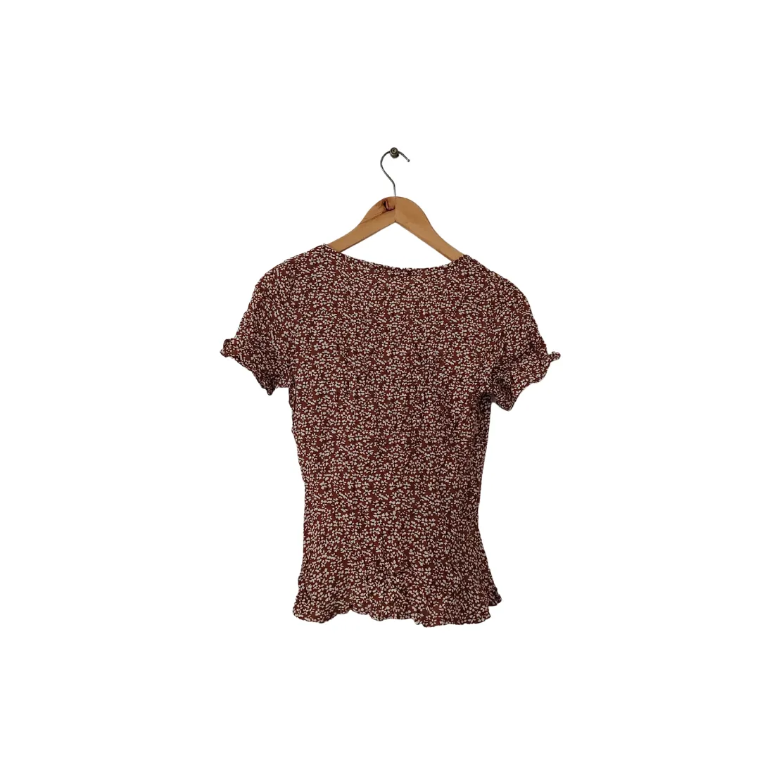 Mango Brown & White Floral Printed Cross-over Top | Like New |