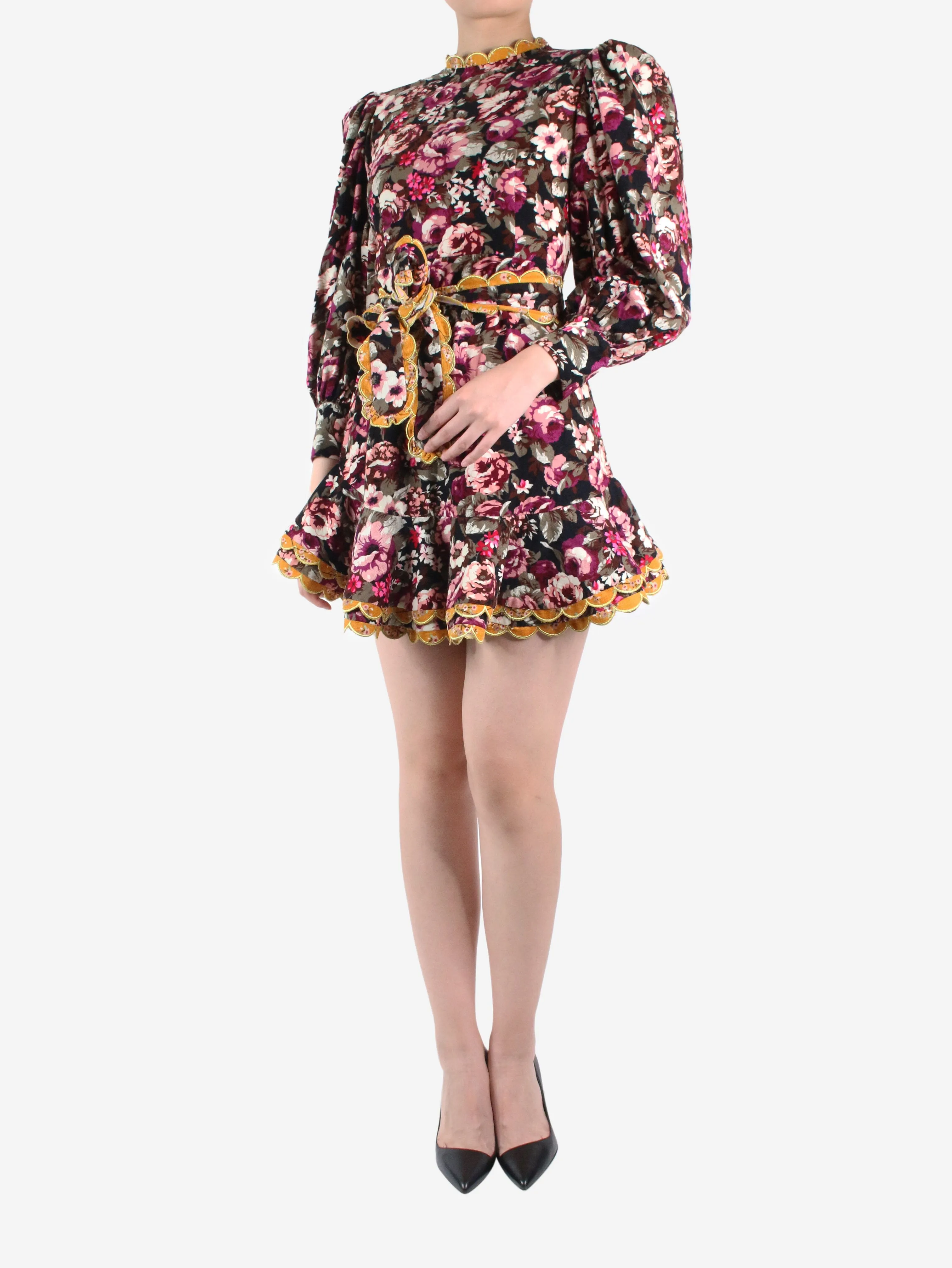 Multi corduroy floral printed dress with belt - size S