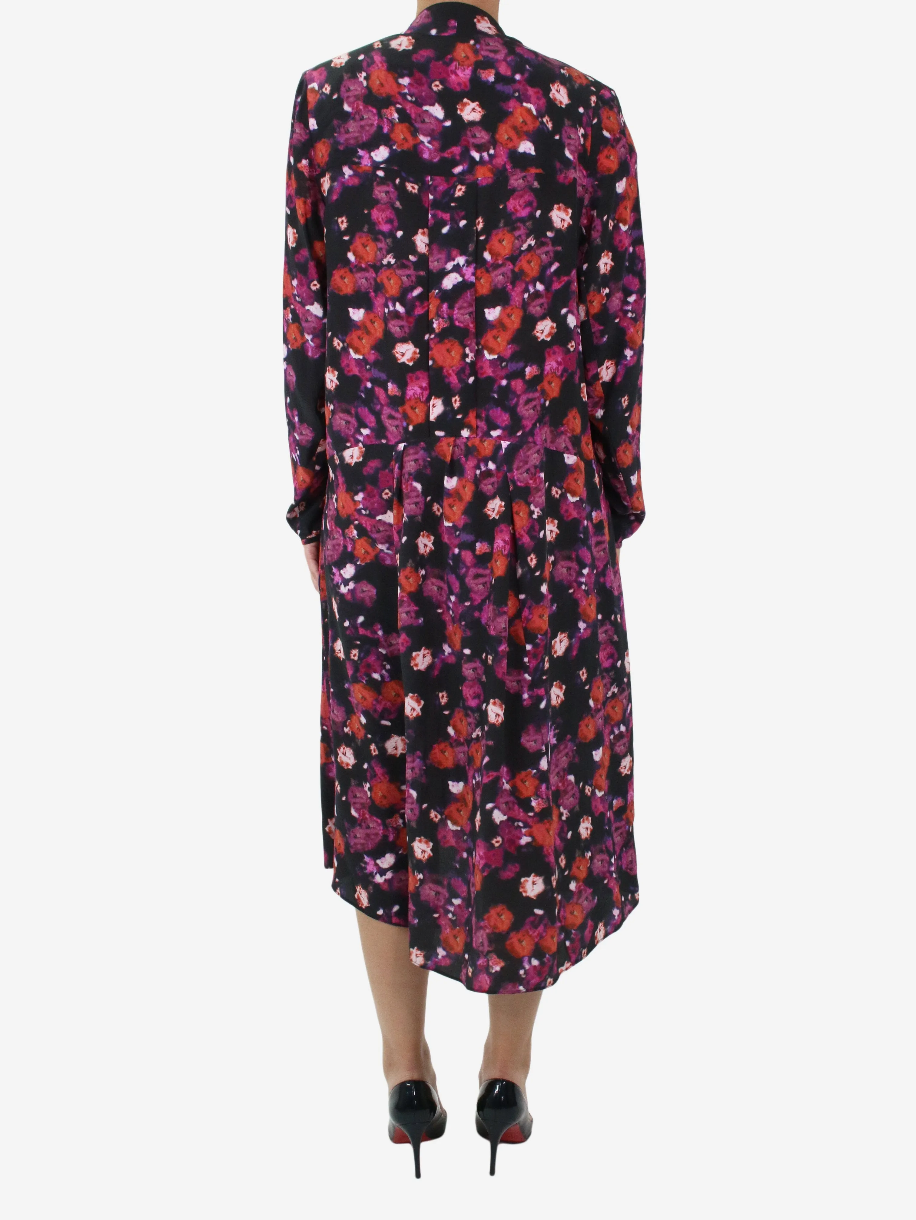 Multi padded shoulder floral midi dress - size UK 8