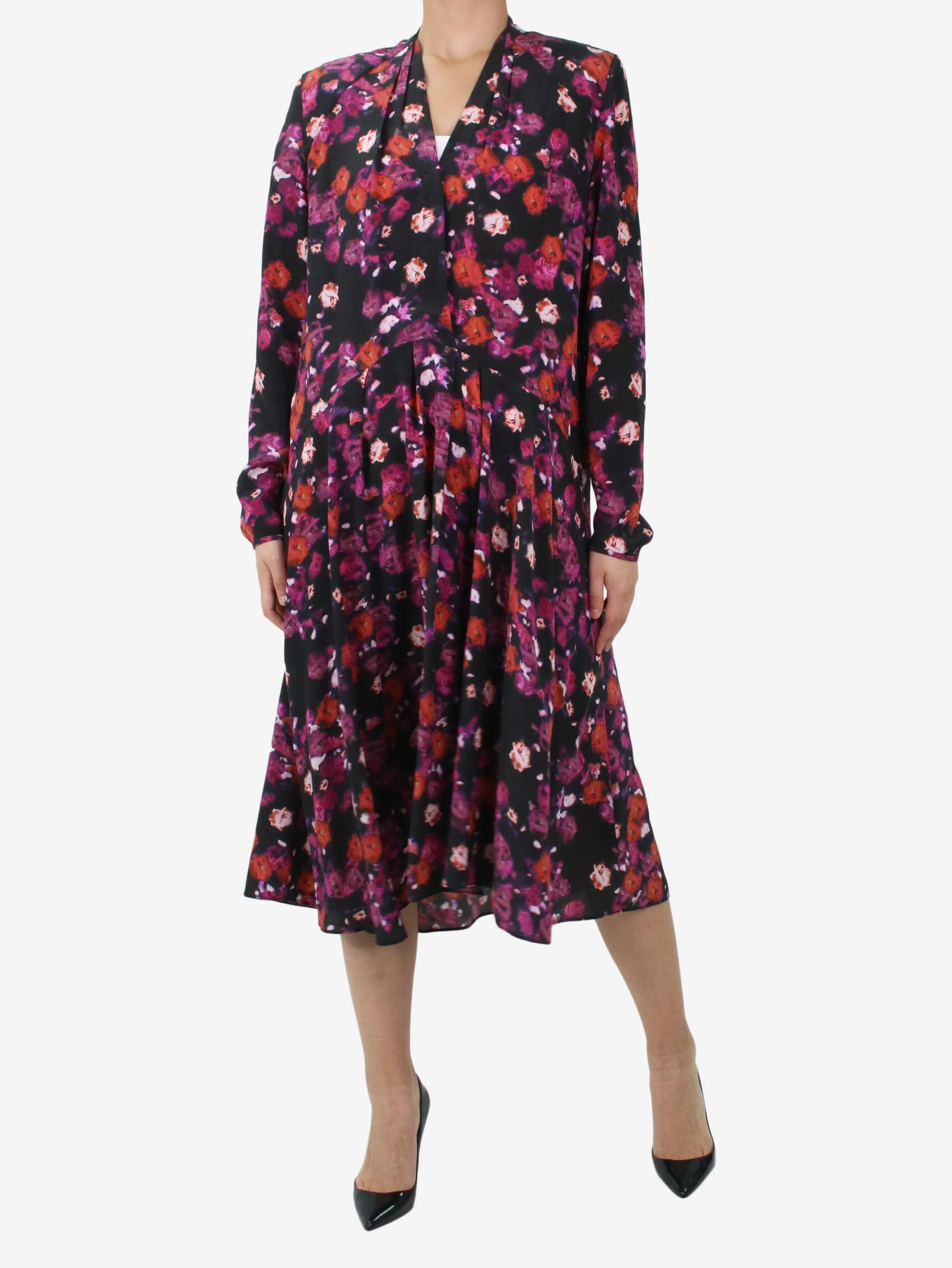 Multi padded shoulder floral midi dress - size UK 8