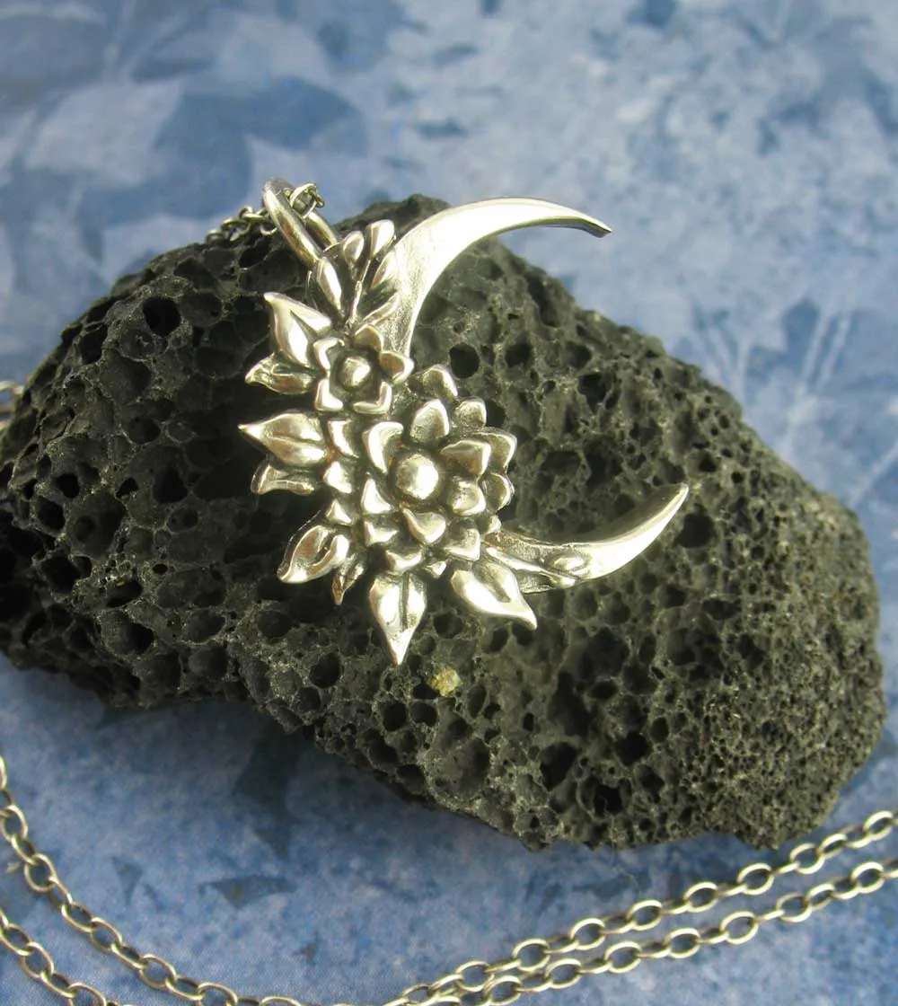 Mystical Floral Crescent Moon Pendant, Handmade