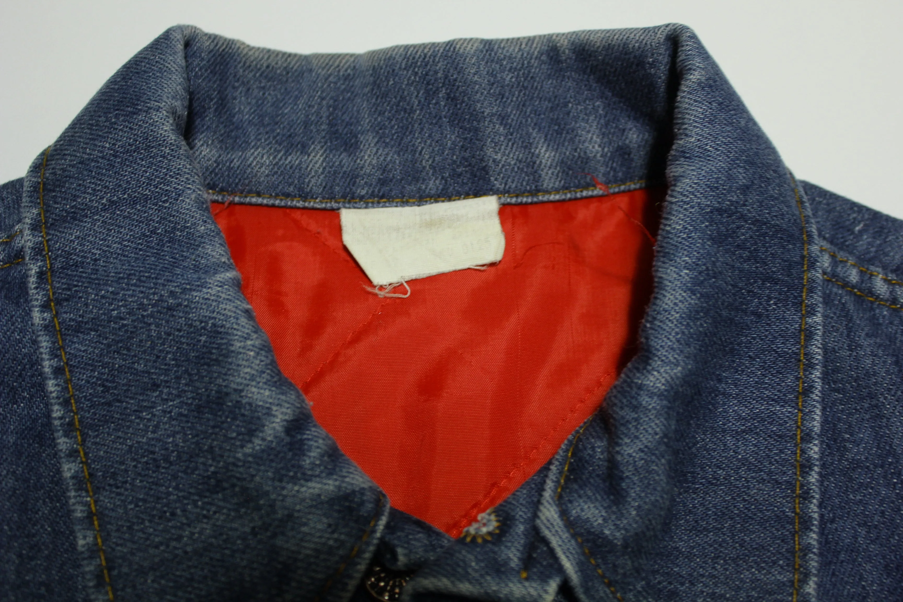 Sears Snap Up Red Quilt Lined 80's Vintage Trucker Jean Jacket