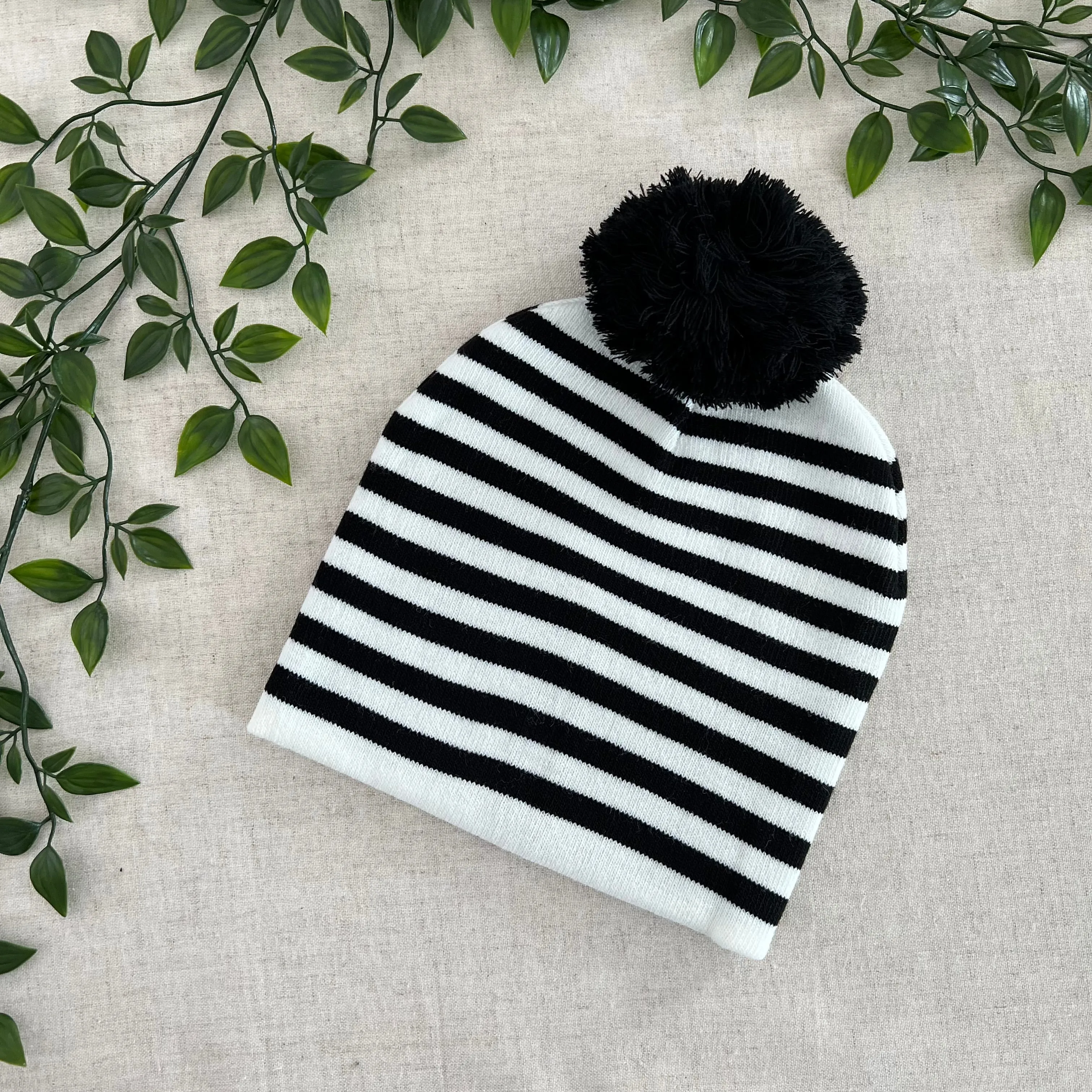 Stripe Pom Pom Beanie - Black/White