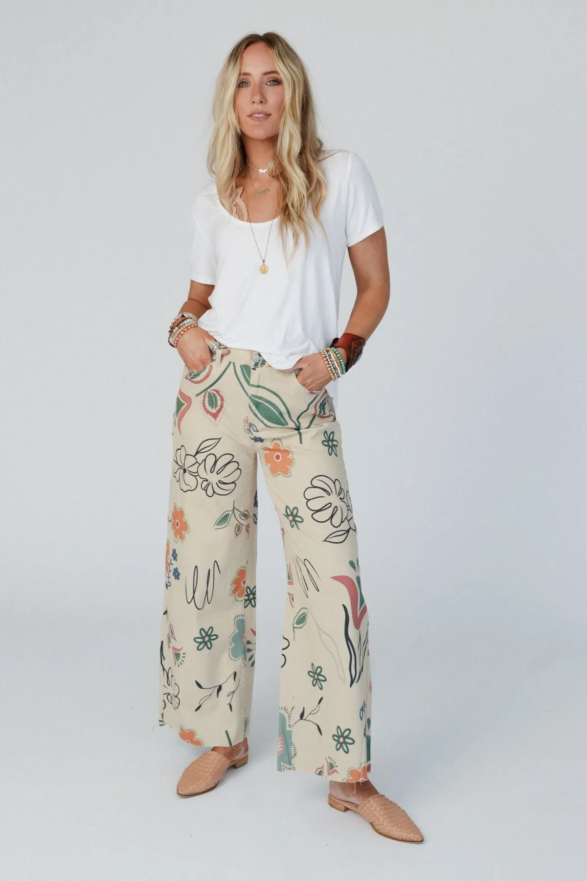 Toscana Printed Wide Leg Pants - Khaki