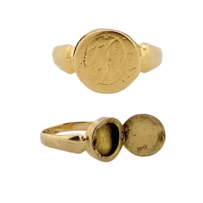 V I N T A G E / 1917 secrets / 18ct 18k yellow gold / locket poison letter D signet ring / size 6.25 to 6.5