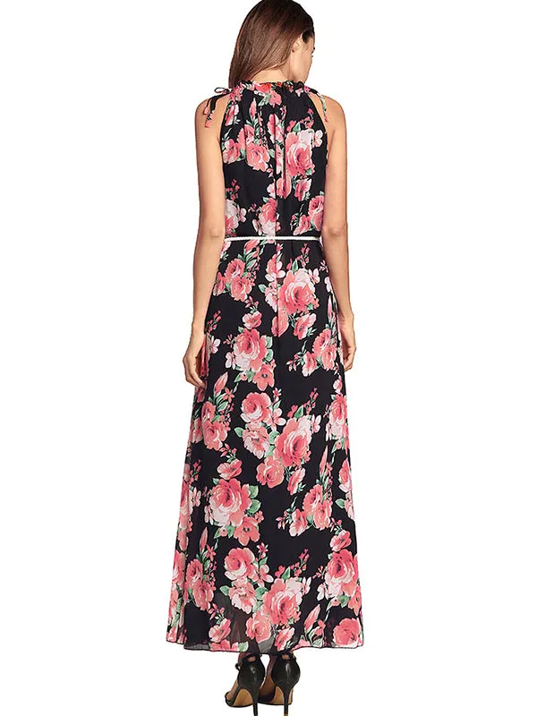 Women Sex Halter Floral Maxi Dress