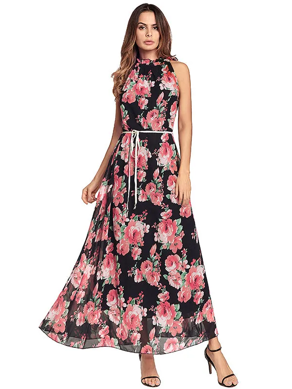 Women Sex Halter Floral Maxi Dress