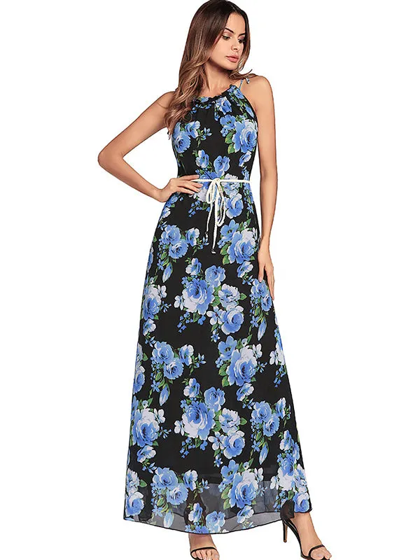 Women Sex Halter Floral Maxi Dress